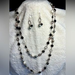 Black, gray white pearl with other beads necklace and earring set.